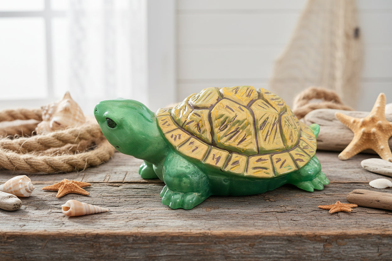 This charming resin turtle knickknack, measuring approximately 3 by 5.5 inches with a height of 2 inches, is a perfect decorative piece for any space.