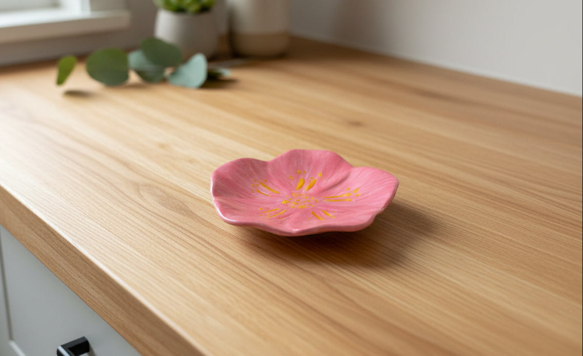 Pink flower-shaped dish on a wooden surface with a blurred background