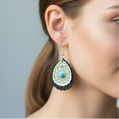 Black Leather Teardrop Earrings with Blue Bead and Silver Hooks