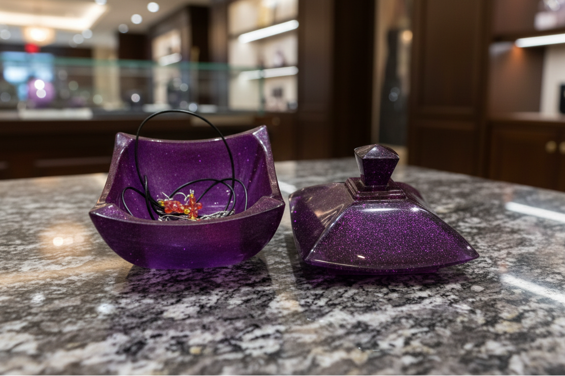 Add a touch of sophistication to your home with this exquisite resin trinket dish. Crafted with detail, its sleek lid and intricate design add a luxurious twist to any room. Perfect for your dresser top, this dish is the perfect way to keep your jewelry and other small items safe and organized.