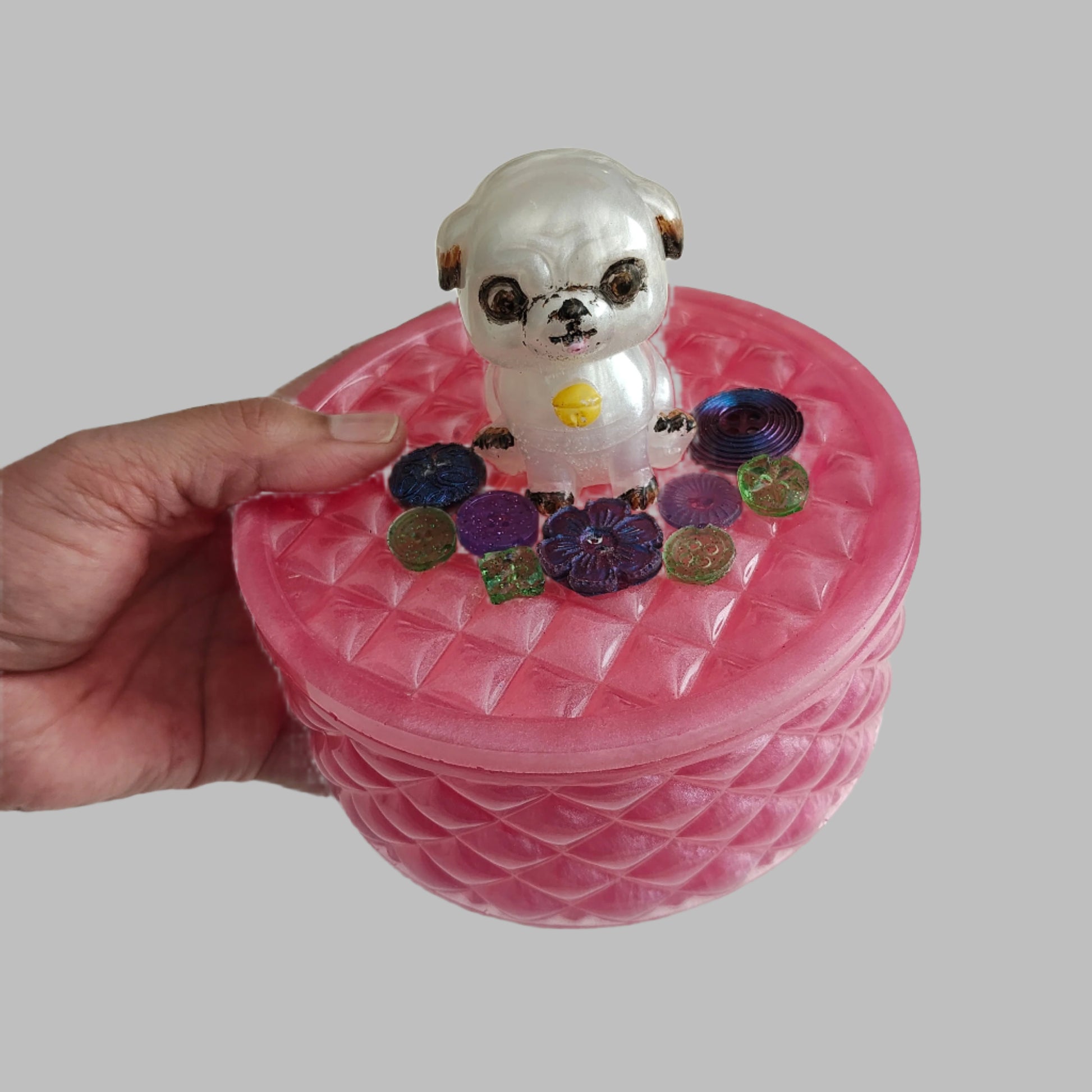 Handmade round resin trinket box with 3D pug dog lid for jewelry storage and home decor.