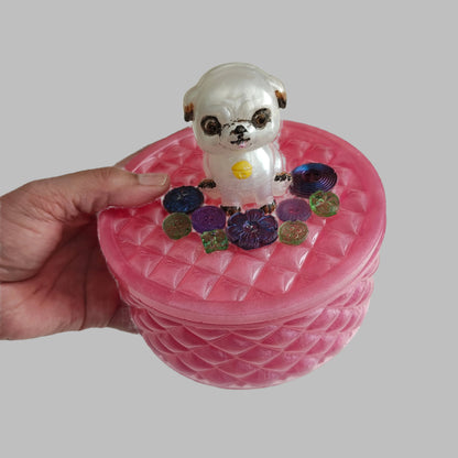 Handmade round resin trinket box with 3D pug dog lid for jewelry storage and home decor.