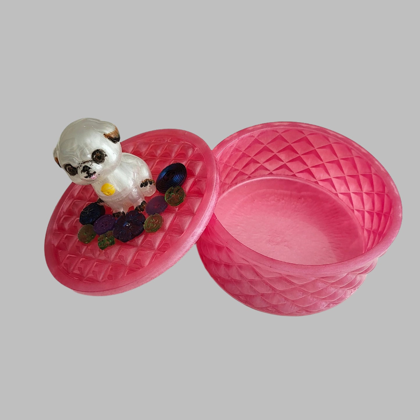 Handmade round resin trinket box with 3D pug dog lid for jewelry storage and home decor.