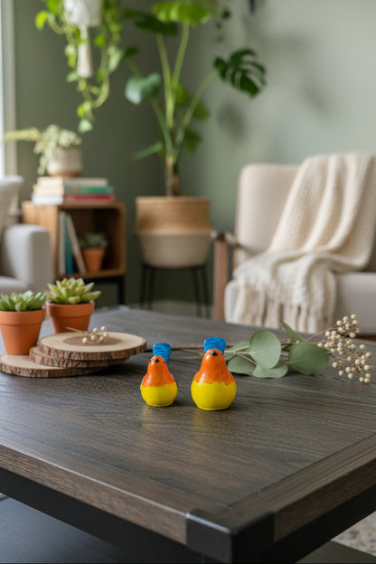 Two colorful bird figurines with blue tails on a wooden surface.