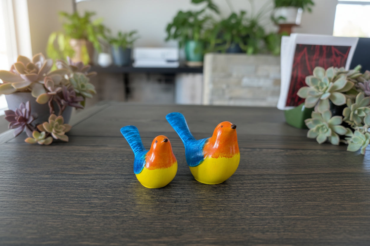 Two colorful bird figurines with blue wings on a wooden surface.