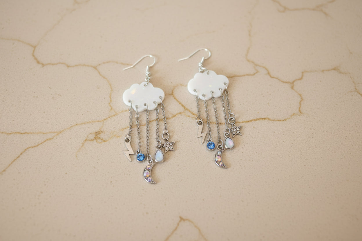 Cloud earrings with silver chain and charms on silver hook