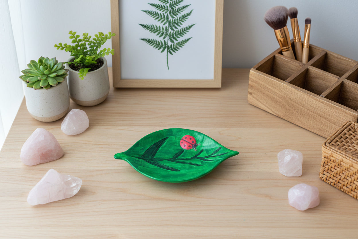 Green leaf-shaped dish on a wooden surface with crystals and plants