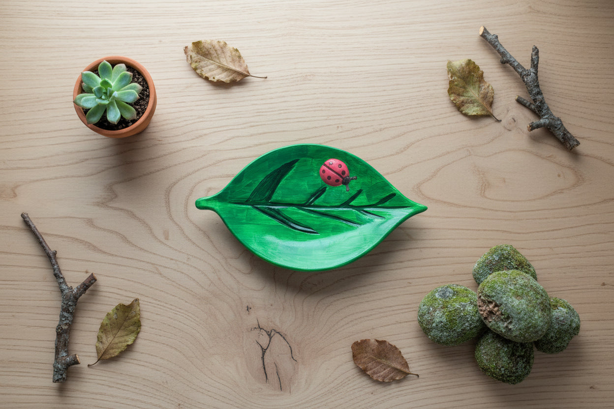 Green leaf-shaped dish with a ladybug on a wooden surface with natural elements.