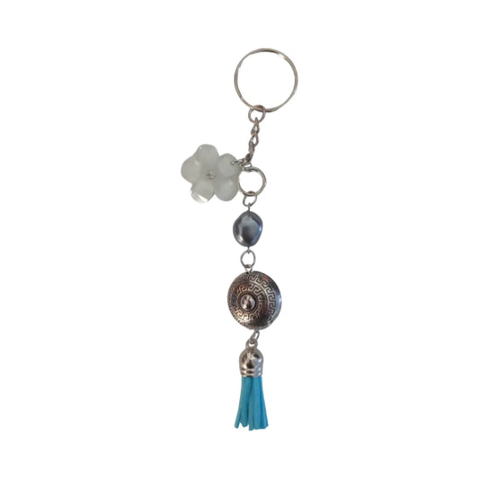 Handcrafted Frosted Flower & Tassel Keyring – Silver Medallion Purse Charm