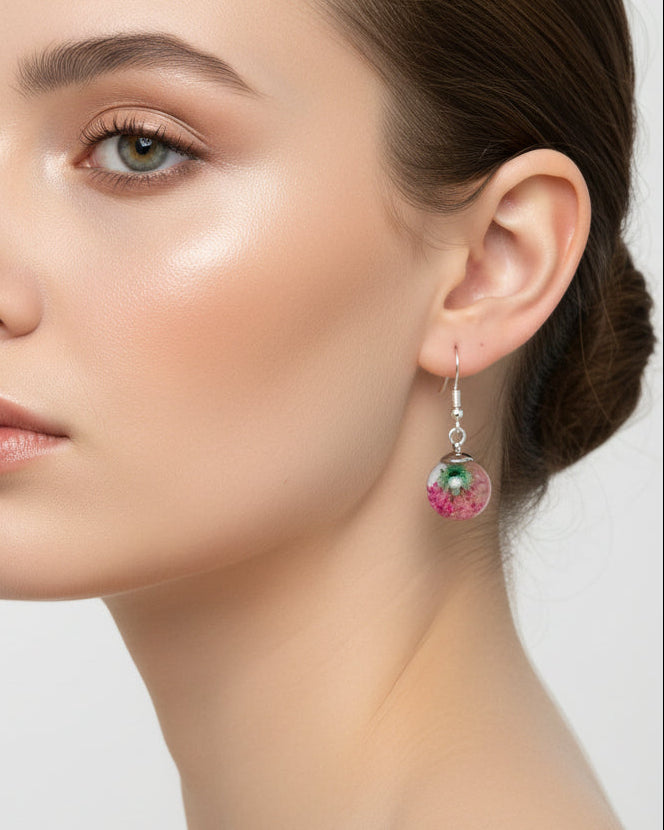 Close-up of a woman wearing a floral earring with a white background