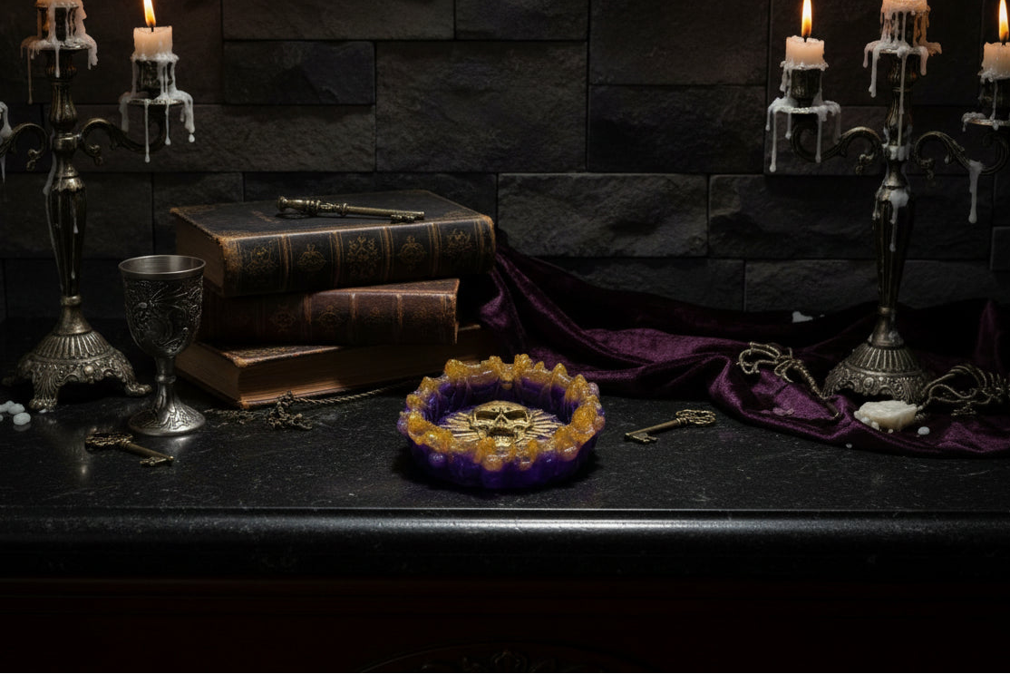 Purple and Gold resin skull trinket dish for Gothic jewelry