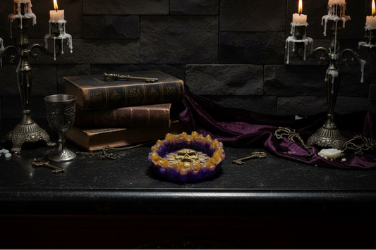 Purple and Gold resin skull trinket dish for Gothic jewelry