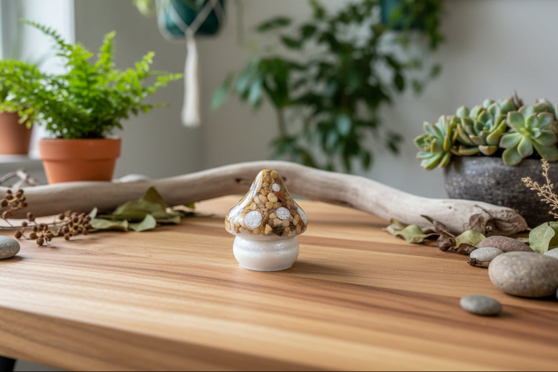 Decorative mushroom on a wooden surface with plants and stones in the background