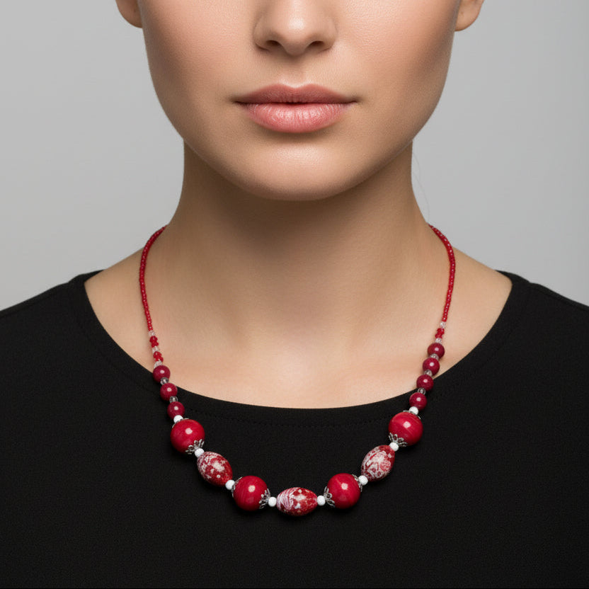 22-Inch Red Glass Bead Statement Necklace with Silver Toggle Clasp