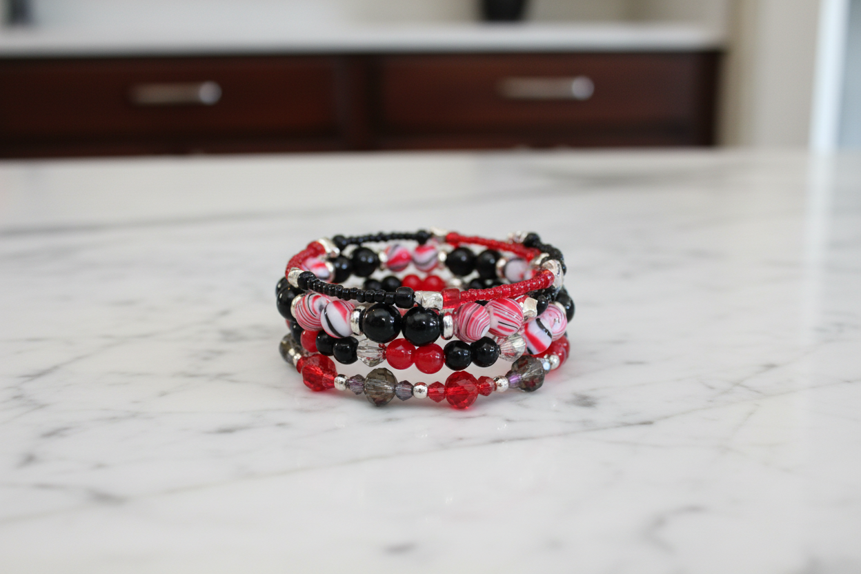 Bracelet - 4 coil & 6 coil Memory wire bracelet red & black beads with silver spacer beads