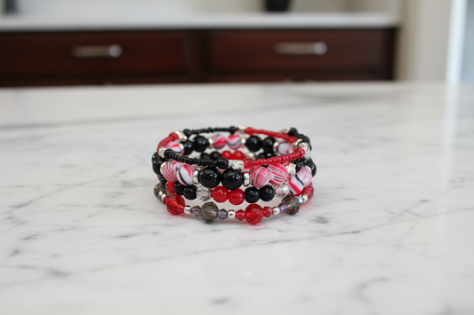 Bracelet - 4 coil & 6 coil Memory wire bracelet red & black beads with silver spacer beads