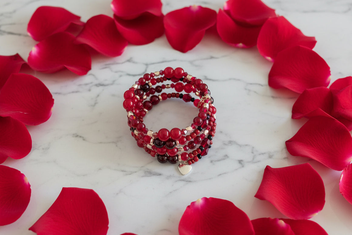 Bracelet - 4 coil Red memory wire bracelet with silver heart charm