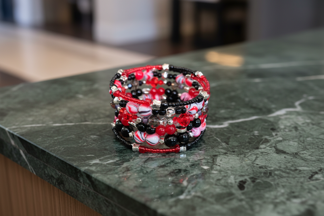 Bracelet - 4 coil & 6 coil Memory wire bracelet red & black beads with silver spacer beads