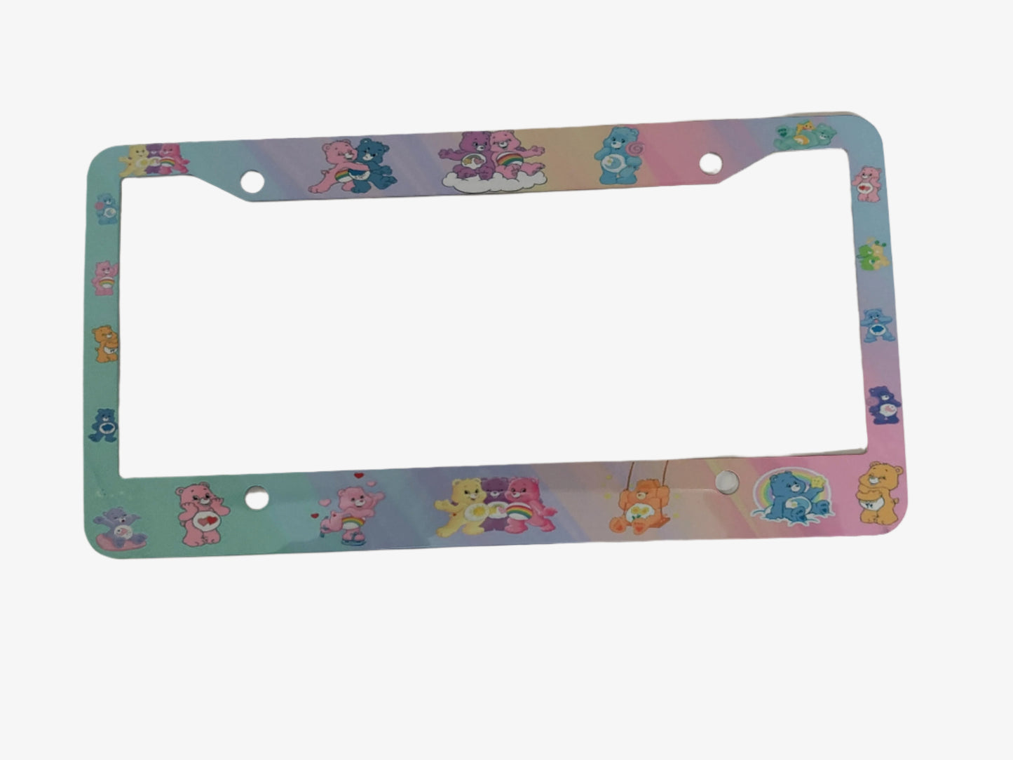 Add some fun and personality to your car with our License Plate Frame featuring the beloved Care Bears. Made of lightweight metal aluminum, it provides lasting protection against rust and aging. Easy to install and suitable for all US and Canadian license plates. Weighs only 2 oz and measures 12.2x6.3x0.04 inches.