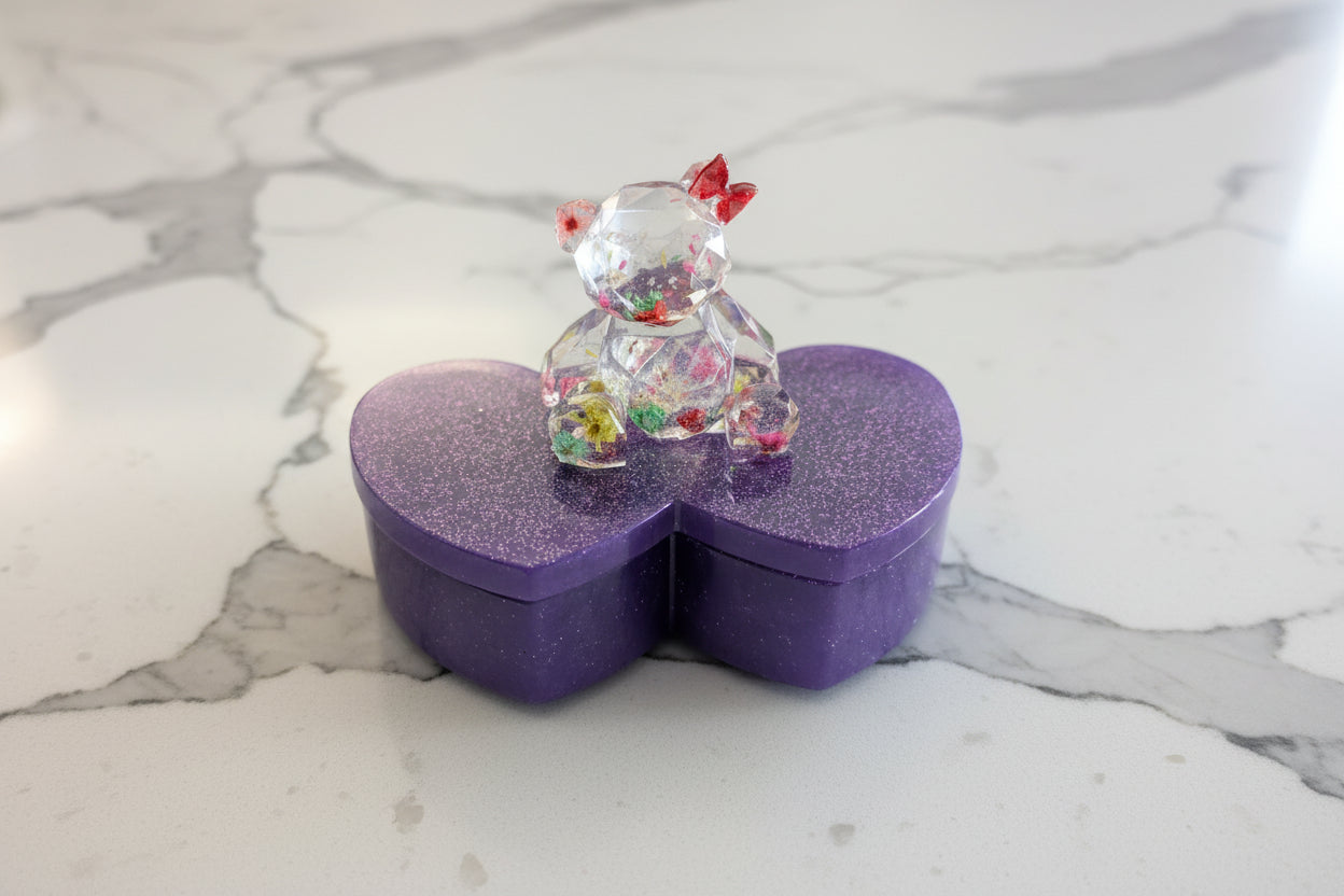 Resin Heart Jewelry Box - Double Heart Dish with Faceted Bear Topper
