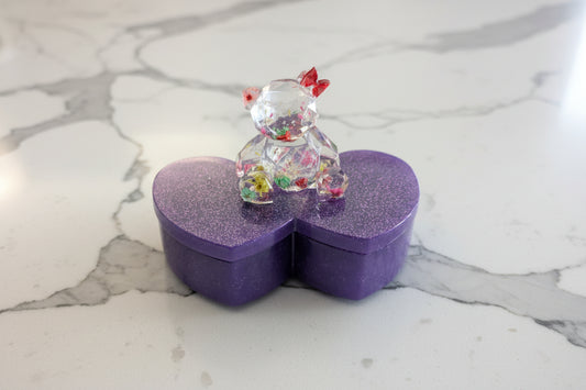 Resin Heart Jewelry Box - Double Heart Dish with Faceted Bear Topper