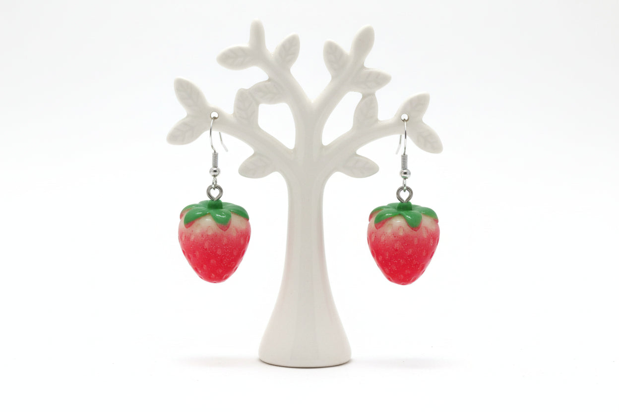 Earrings - 3D red strawberry on silver hook