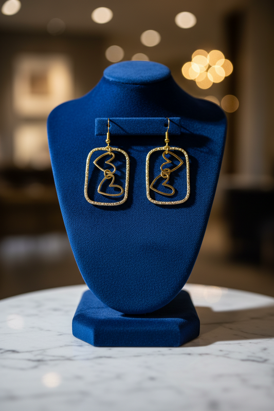 Earrings - Golden geometric rectangle with 18K gold plated heart charms on hook