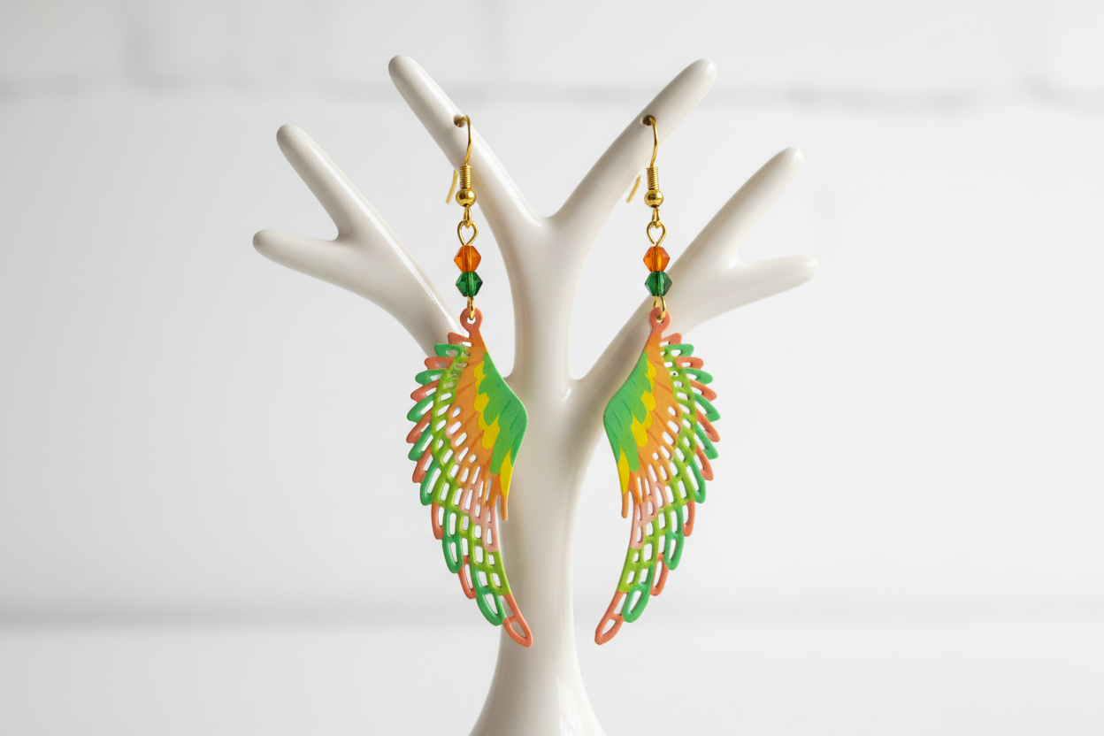 Colorful wing-shaped earrings on a white stand with a light gray background