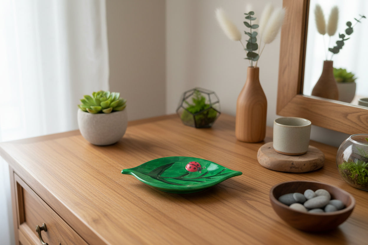 Wooden dresser with decorative items including a green leaf-shaped plate, small potted plant, and ceramic bowls.