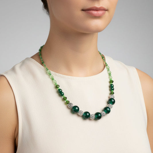 Forest Muse: Green Glass, Crystal, and Stainless Steel Beaded Statement Necklace