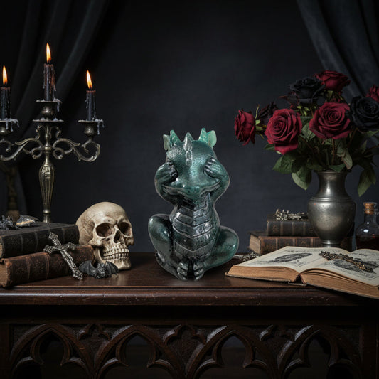 Gothic-style table with a dragon figurine, skull, candles, and books against a dark background.