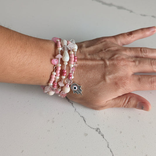 Hamsa hand jewelry, Pink wrap bracelet
