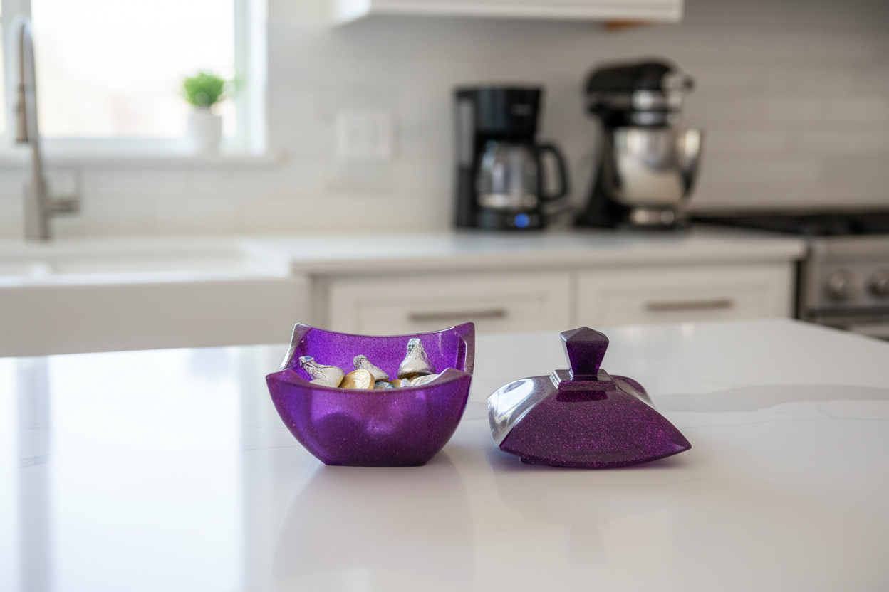 Add a touch of sophistication to your home with this exquisite resin trinket dish. Crafted with detail, its sleek lid and intricate design add a luxurious twist to any room. Perfect for your dresser top, this dish is the perfect way to keep your jewelry and other small items safe and organized.