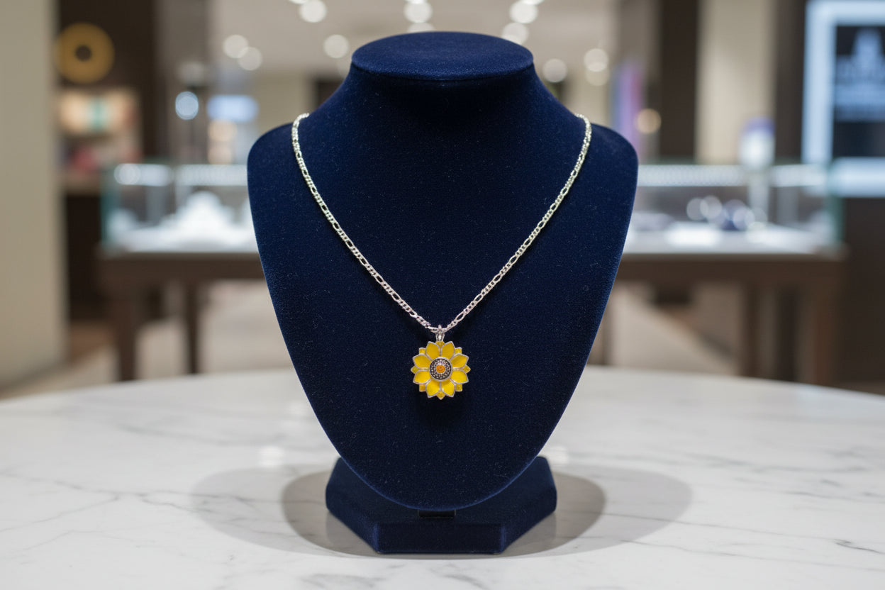 Necklace - 17.5 inches 925 silver figaro chain with sunflower charm
