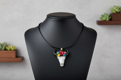 Necklace - 18 inches black leather cord with clasp with white bull with colorful flowers charm