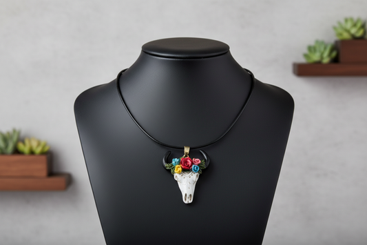 Necklace - 18 inches black leather cord with clasp with white bull with colorful flowers charm