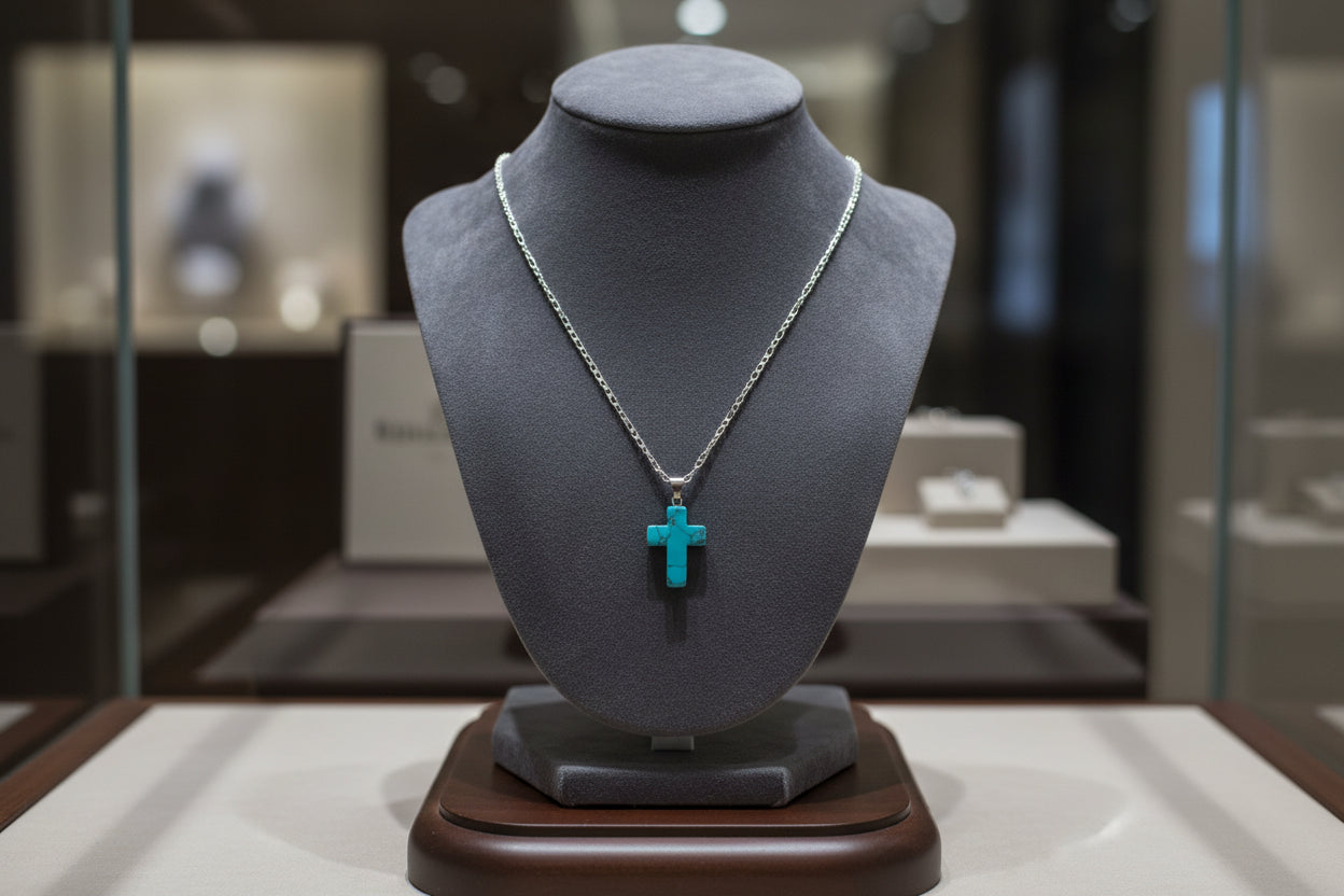 Necklace - 19 inches 925 silver chain with gemstone cross pendant