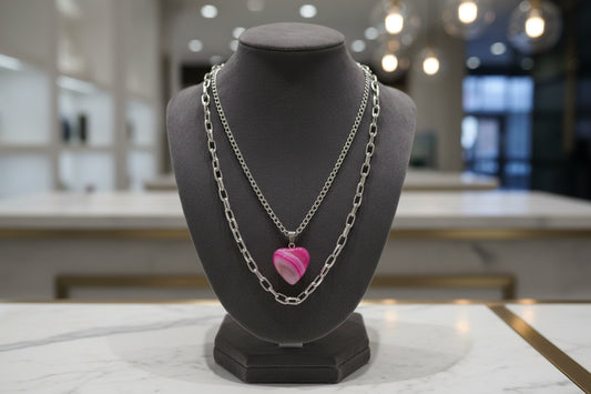 Necklace - 19 inches silver box chain 16 inches silver curb chain with pink heart
