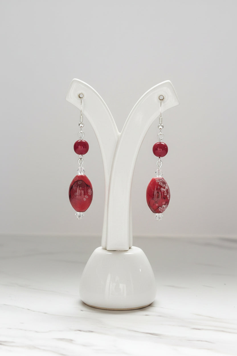 Red Dangle Earrings on 925 Silver Hooks – Crimson Glass & Crystal Statement Earrings
