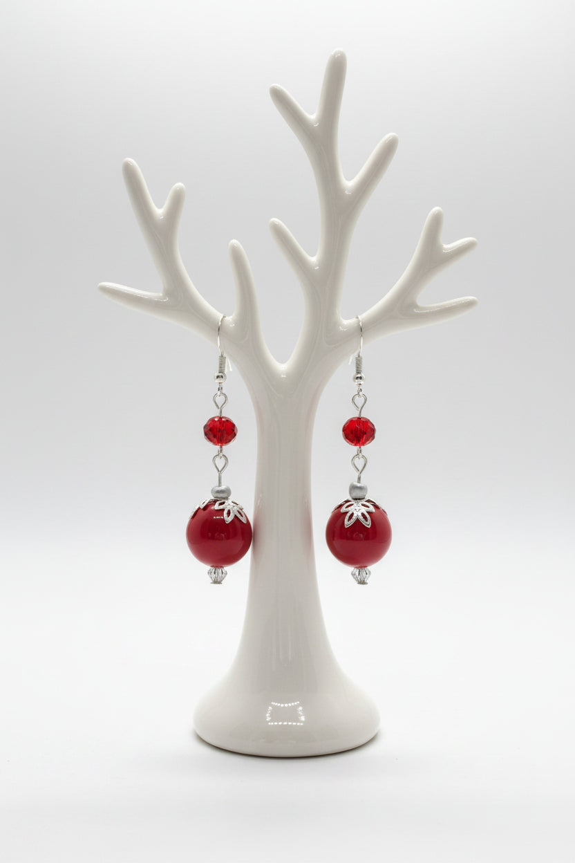 Red Dangle Earrings on 925 Silver Hooks – Crimson Glass & Crystal Statement Earrings