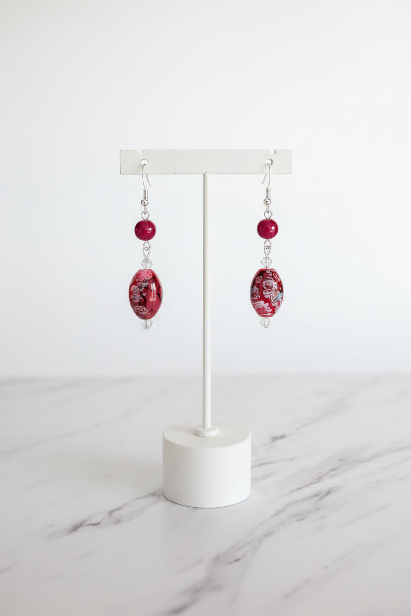 Red Dangle Earrings on 925 Silver Hooks – Crimson Glass & Crystal Statement Earrings