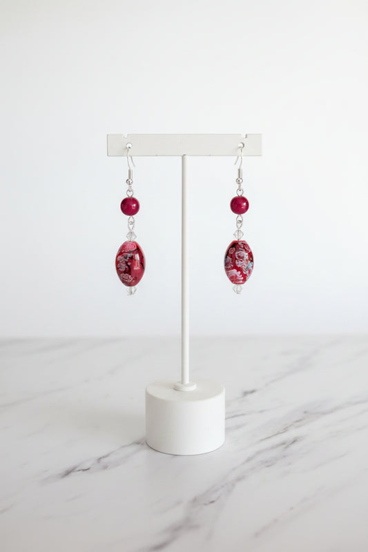 Red Dangle Earrings on 925 Silver Hooks – Crimson Glass & Crystal Statement Earrings