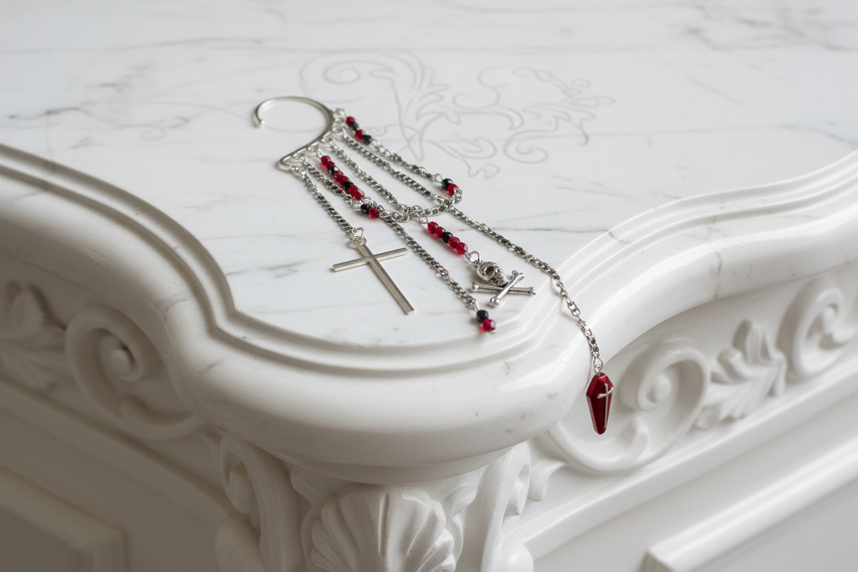 Gothic Cross and Skull Coffin Ear Cuff Non-Pierced Chain Wrap Earring