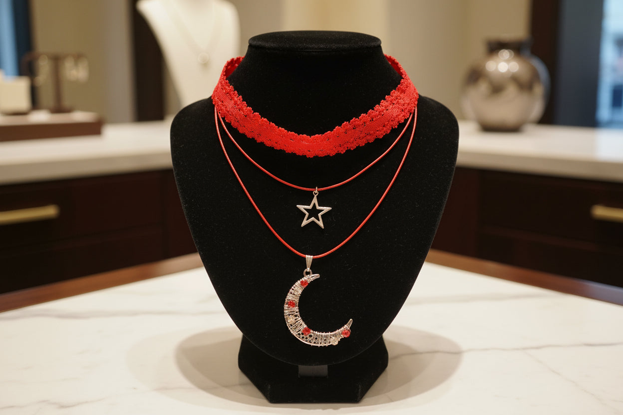 Transform any outfit into a stellar ensemble with this playful Necklace-Choker! Featuring an elastic lace ribbon, two polyester strands, and a crystal-studded silver moon and star charm, this necklace adds a touch of whimsy to your look. Plus, with a 2 inch extension chain, it's perfect for any neckline.