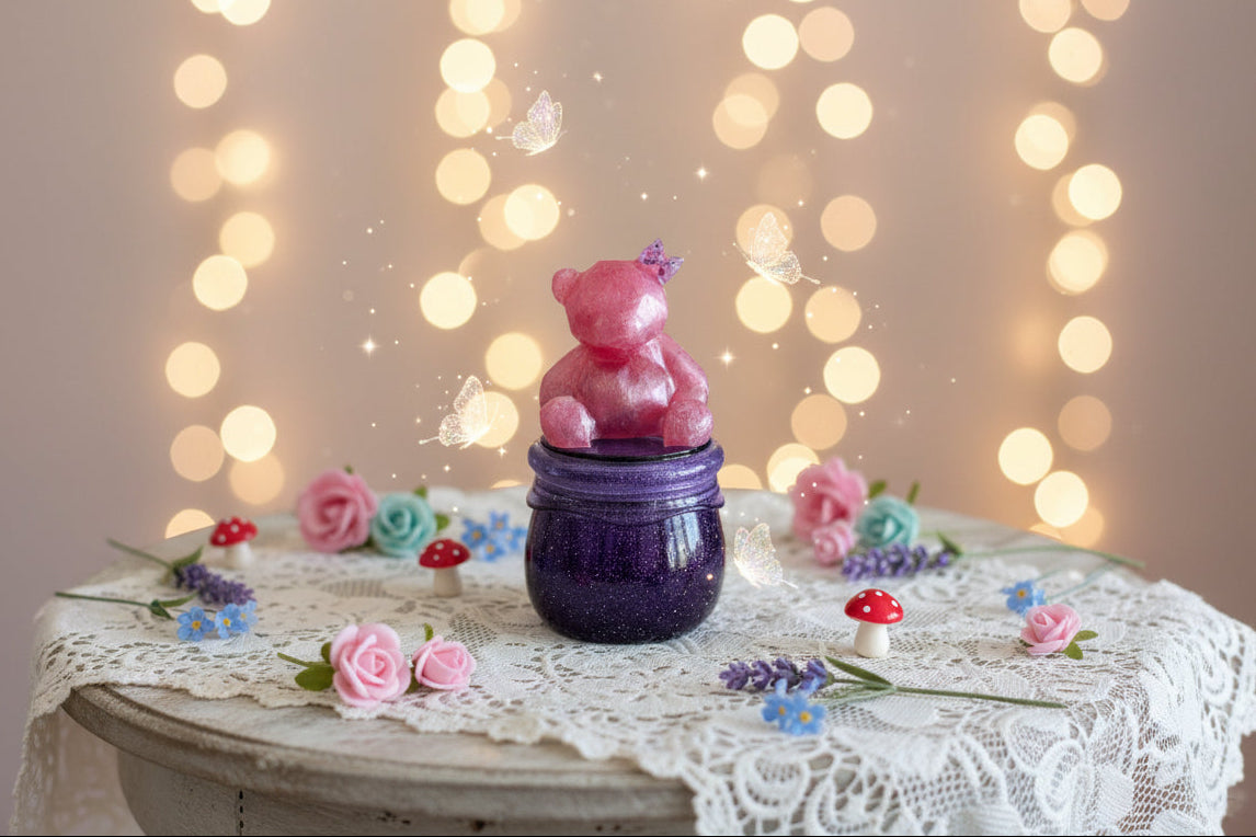 Clear resin jar with bear-shaped screw-on lid
