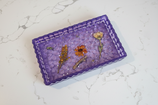 Resin dried flowers rectangle textured trinket dish