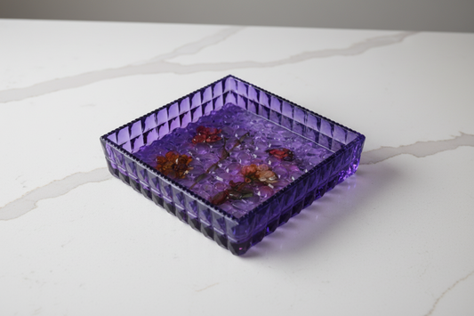 Resin dried flowers square textured trinket dish