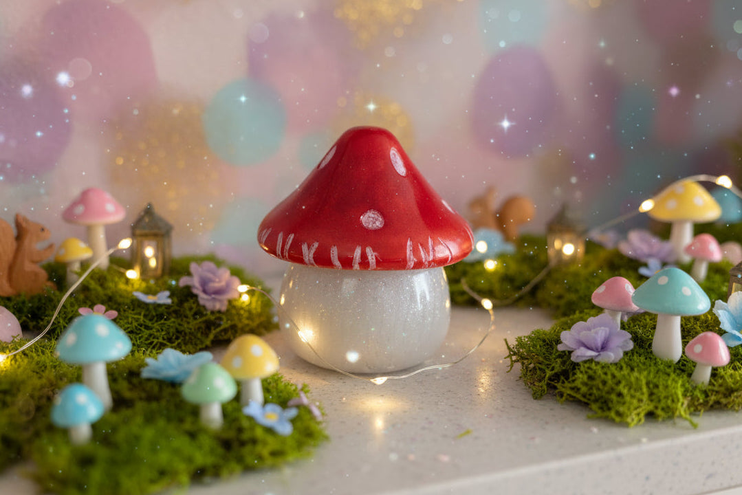 This charming hand-crafted resin mushroom trinket brings whimsical elegance to any space. Meticulously sculpted from epoxy resin, it features a smooth, glass-like finish that's both durable and non-porous—perfect for storing small treasures, jewelry, or keepsakes. The removable lid makes access effortless, while its compact 4.5-inch height and 4x4-inch width fit seamlessly on shelves, desks, or nightstands. At just 12.4 ounces, it's lightweight yet substantial enough to feel premium. Each piece showcases th