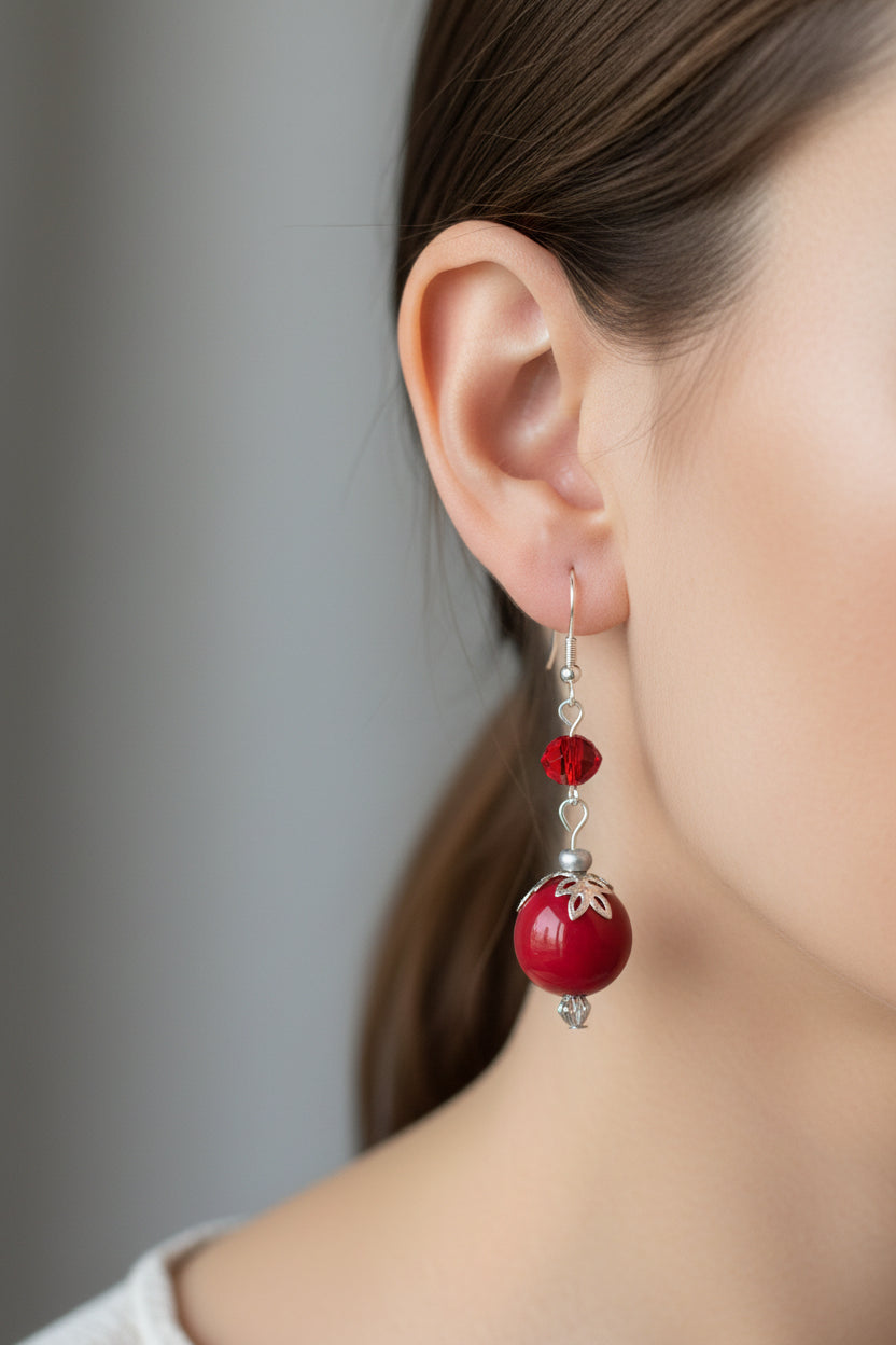 Red Dangle Earrings on 925 Silver Hooks – Crimson Glass & Crystal Statement Earrings