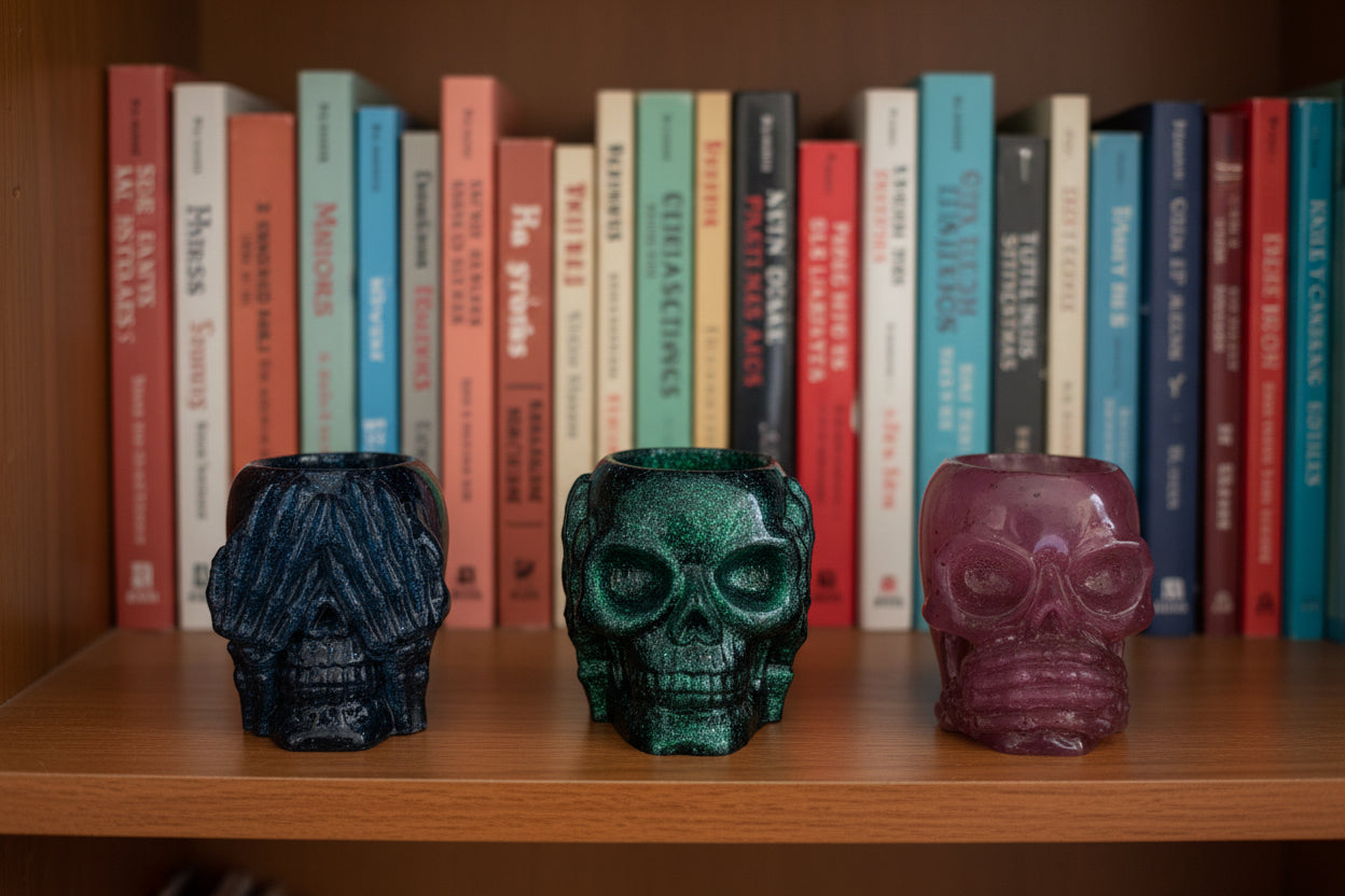 Three skull-shaped trinket holders in blue, green, and pink on a book shelf.